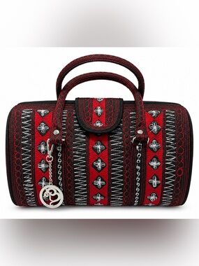Banda Bags Nano Banda Bag Red Black Embroidered Artisan Barrel Satchel Purse NWT